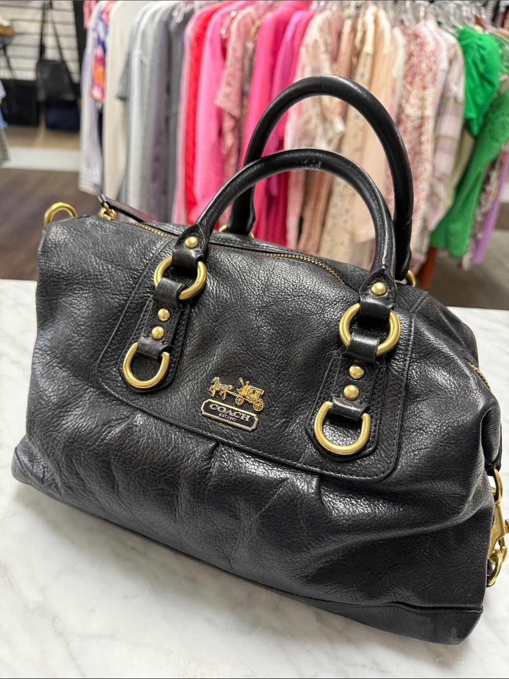 Coach Black Leather Madison Sabrina Satchel Handbag - Gem
